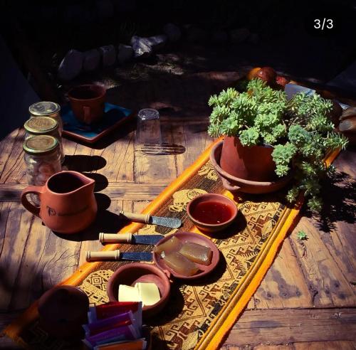 a table with pots and a potted plant on it at Alta montaña 2 in Tilcara