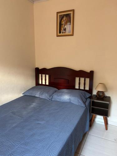 a bedroom with a blue bed and a picture on the wall at Casa de Campo Sitio com tranquilidade in Cunha