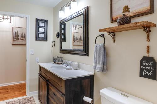 a bathroom with a sink and a mirror and a toilet at Deck and Game Room! Lakefront Blue Ridge Mtn Gem in Powderhorn Mountain