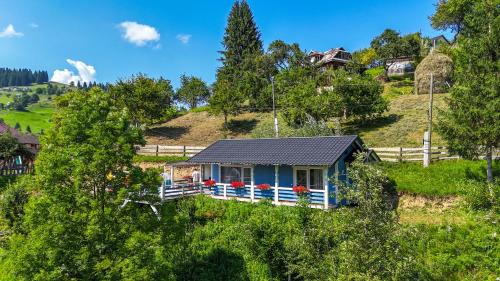 a blue house with a porch on a hill at Садиба "Ековид" in Krivorovnya