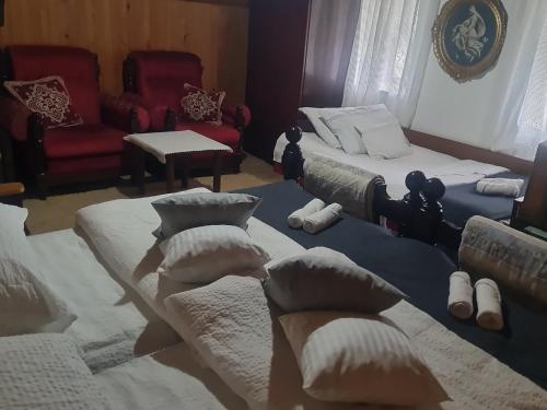 a bedroom with two beds with pillows and a chair at Seoski dom 
