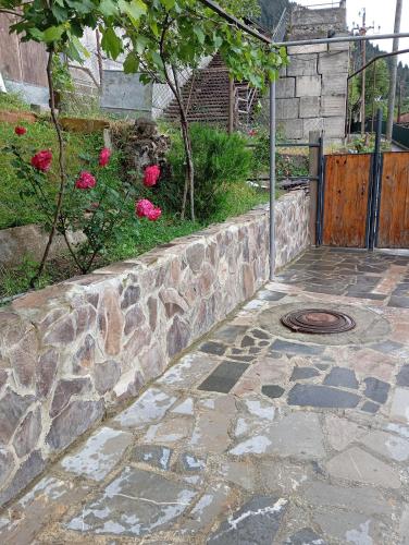 a stone retaining wall next to a garden with roses at Borjomi forest in Borjomi