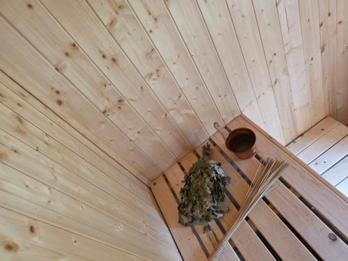 an overhead view of a wooden ceiling in a room at Friend's homestead 