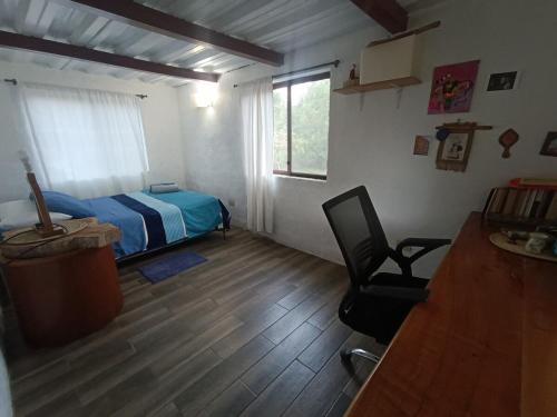 a bedroom with a bed and a desk and a chair at El Mango - rural house with fast internet in San Cristobal