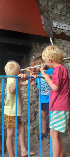 three young children standing behind a metal railing at Agriturismo I Cerretelli in Barga