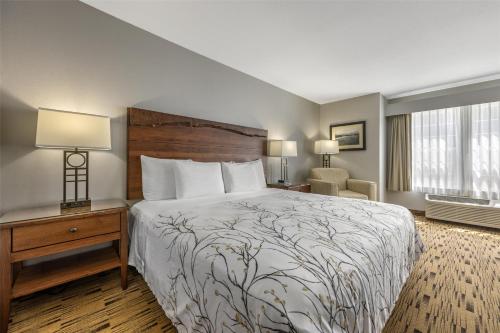 a hotel room with a bed and a desk with a lamp at Best Western Plus Columbia River Inn in Cascade Locks