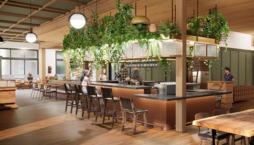 a rendering of a restaurant with tables and chairs at Lightwell Hotel & Spa in Hood River