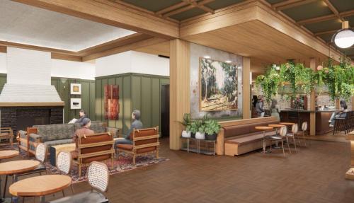 a rendering of the lobby of a restaurant at Lightwell Hotel & Spa in Hood River