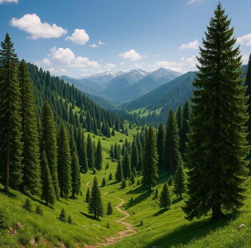 a green field with trees and mountains in the background at Malika Kohsar Hotel Murree in Murree