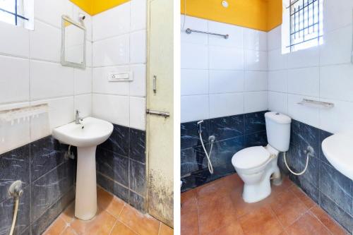 two pictures of a bathroom with a toilet and a sink at Hotel O SK Lodge in Kumbalgod