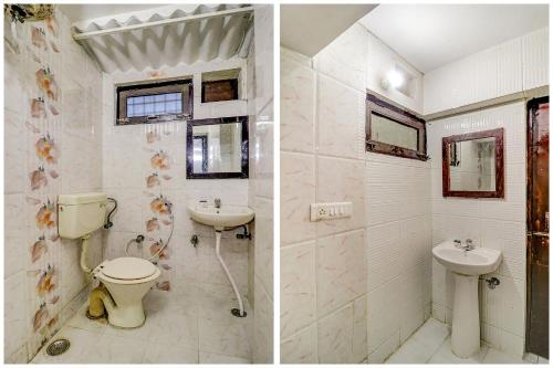 two pictures of a bathroom with a toilet and a sink at Hotel O Dhruv Inn in Izatnagar