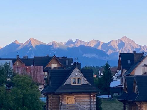 a group of houses with mountains in the background at DW Łomnica in Białka Tatrzanska