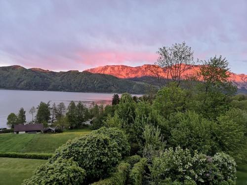 a house with a view of a lake and mountains at One-bedroom apartment in Nussdorf am Attersee