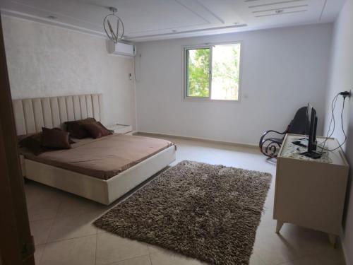 a bedroom with a bed and a television and a rug at Villa de plage Sousse in Sousse