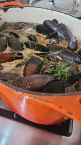 an orange bowl filled with mussels on a stove at Hostal Boutique El Vergel Azul in Castro