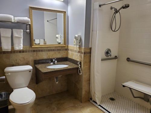 a bathroom with a toilet and a sink and a mirror at River Hill Inn & Suites in Hudson