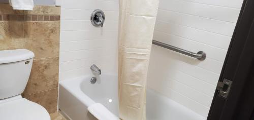 a bathroom with a shower with a toilet and a tub at River Hill Inn & Suites in Hudson