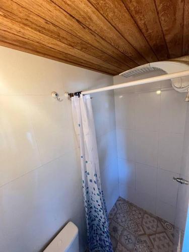 a bathroom with a shower with a toilet and a ceiling at Bem Me Quer Casas in Morro de São Paulo