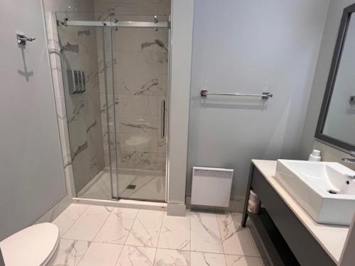 a bathroom with a shower and a toilet and a sink at Hôtel Maison Otis in Baie-Saint-Paul