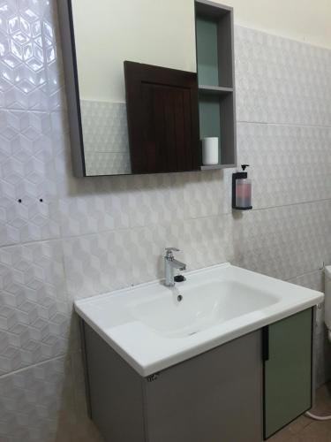 a bathroom with a white sink and a mirror at Sumatra Cheeky Monkeys Villa, Trekking and Tours in Bukit Lawang