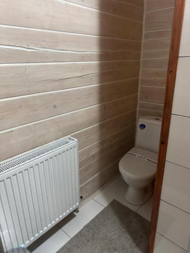 a small bathroom with a toilet and a radiator at Готель TWINS РАЙ in Vorokhta