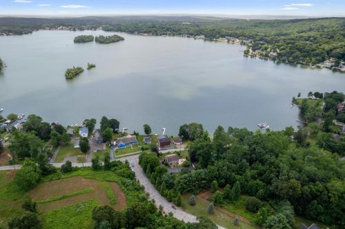 an aerial view of a lake at Grammy's Famous Lake House Retreat in East Hampton