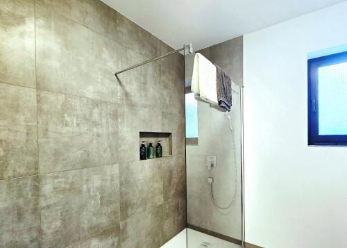 a bathroom with a shower with a glass door at 15 Min Center Terrace BBQ Luxury Cinem Quiet in Trierweiler