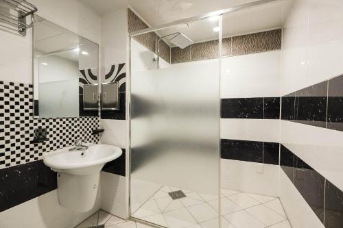 a bathroom with a sink and a shower stall at Signature Tourist Hotel in Seoul