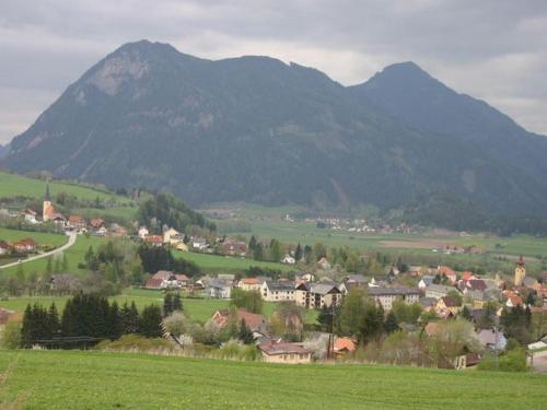 a town in a field with a mountain in the background at Holiday Home in Scheifling near Ski Slopes in Scheifling