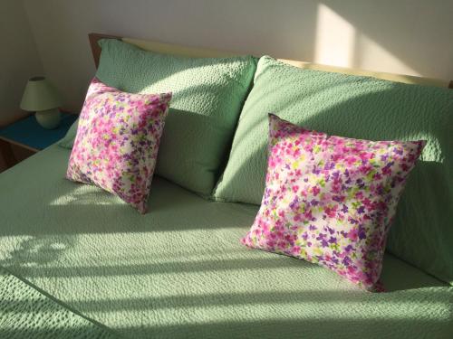 a green bed with two pink pillows on it at Apartments Pavić in Betina