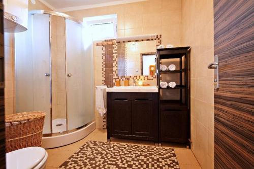 uma casa de banho com um lavatório, um WC e um espelho. em Guest House Šempeter em Šempeter v Savinjski Dolini