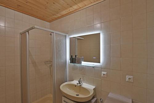 a bathroom with a sink and a mirror and a shower at Alpboden in Auffach
