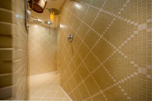a bathroom with a shower with a tiled wall at Hotel Luis in Fiera di Primiero