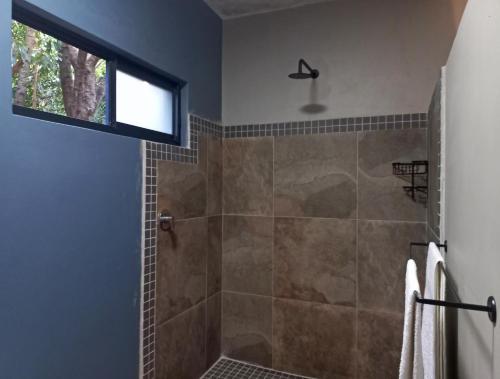 a bathroom with a shower and a window at Shaka's Rest Studio One in Mount Moreland