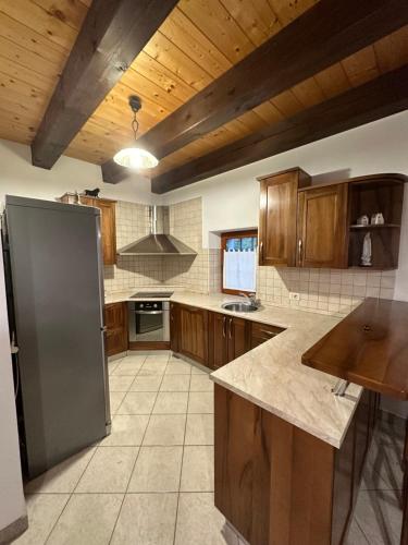 a kitchen with wooden cabinets and a stainless steel refrigerator at Karol-ina Estate in Branik