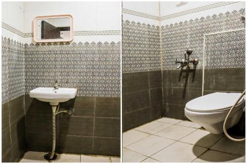 two pictures of a bathroom with a toilet and a sink at Hotel O Raj Vihar in Mohammadnagar