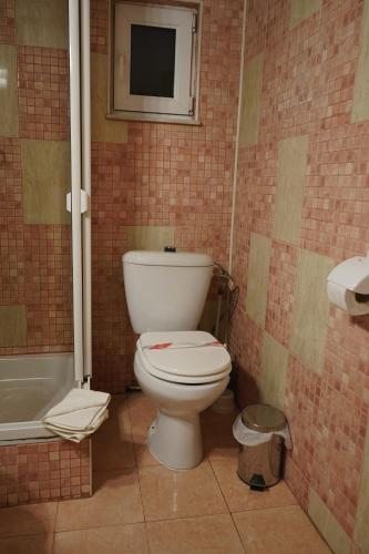 a bathroom with a toilet and a tub and a television at Aquasalis in Câmpulung Moldovenesc