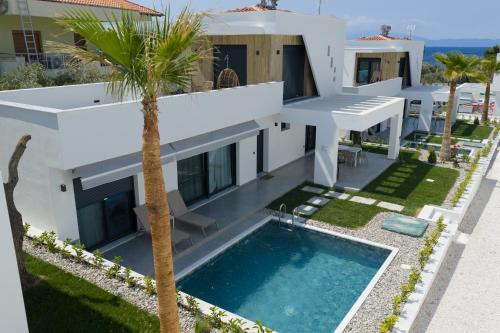 an aerial view of a house with a swimming pool and palm trees at Emerald Island Residential Complex in Skala Rachoniou