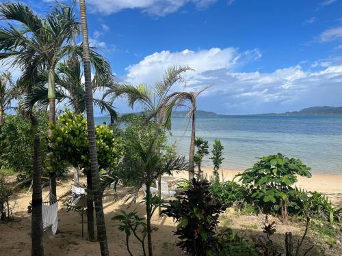 a beach with palm trees and the ocean at Sion fusaki Beachfront in Ishigaki Island