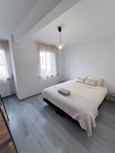 een witte slaapkamer met een groot bed. bij Lescapade à Colmar in Colmar