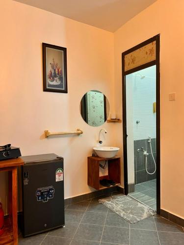 a bathroom with a sink and a shower and a mirror at Honeydream Villa & Studio Apartments in Diani Beach