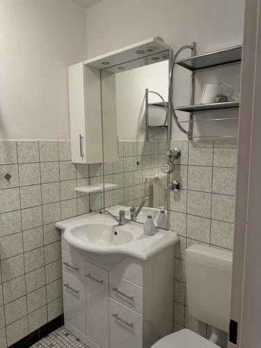 une salle de bain avec un lavabo, des toilettes et un miroir dans l'établissement Wohlfühlen bei Tobi, à Gelsenkirchen