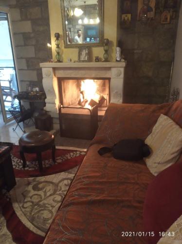 a living room with a fireplace and a bed at Διαμέρισμα Μαρία in Kalabaka