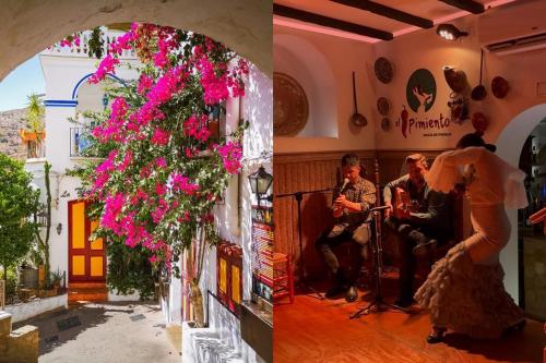 a group of people sitting in a room with flowers at Modern 2BR Apt with own Terrace & Pool access in Pulpí