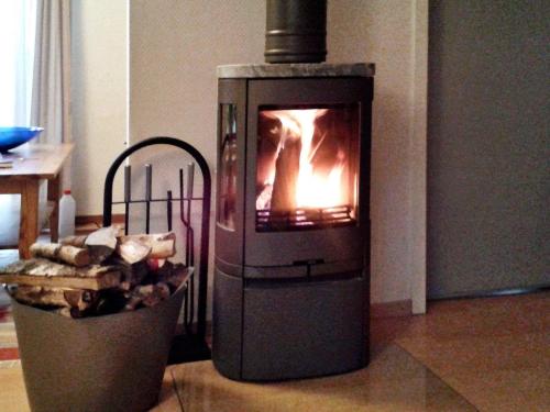 a wood burning stove with a basket of logs at 4 person holiday home in UDDEVALLA-By Traum in Sundsandvik