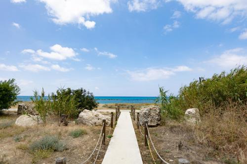 a path to the beach with the ocean in the background at The Olympians Villas in Polis Chrysochous
