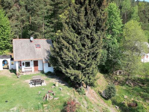 an aerial view of a small house in the woods at Chalet in Malá Skála near Ski Slopes in Malá Skála