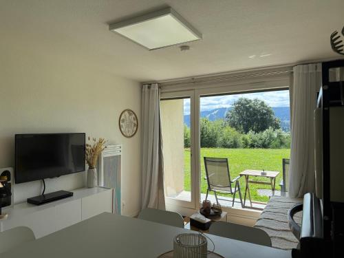 sala de estar con TV y ventana grande en Studio cosy avec terrasse & vue sur pistes, en Gérardmer