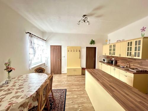 a kitchen with a table and a kitchen with a refrigerator at Apartmány U sv. Anny in Kadaň