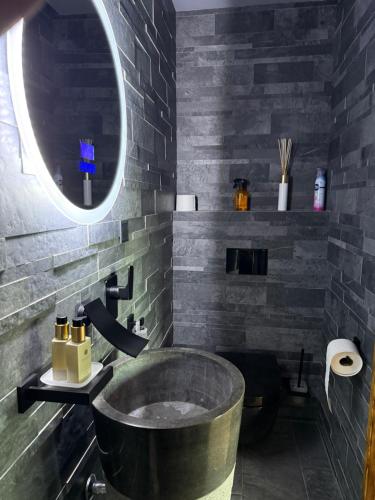 a bathroom with a round sink and a mirror at Hrdlička Slapy Chalot in Buš